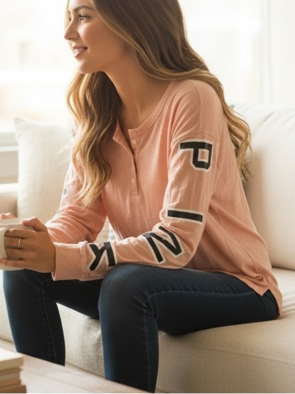 Victoria's Secret PINK Long Sleeve Henley T-Shirt Peach XS